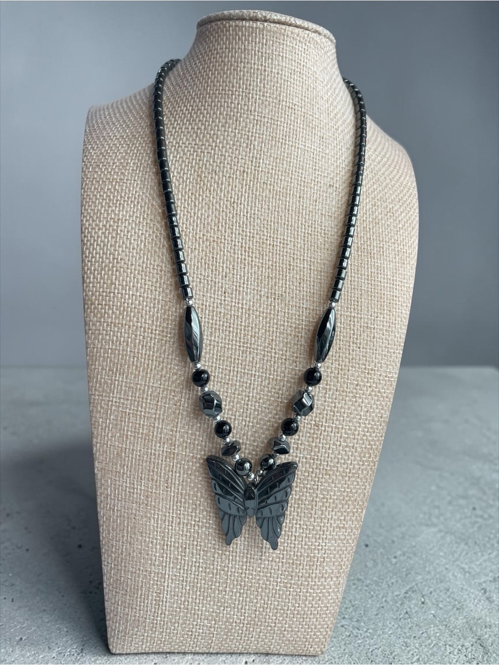 Carved Hematite Butterfly Pendant Statement Necklace - Picture 4 of 10